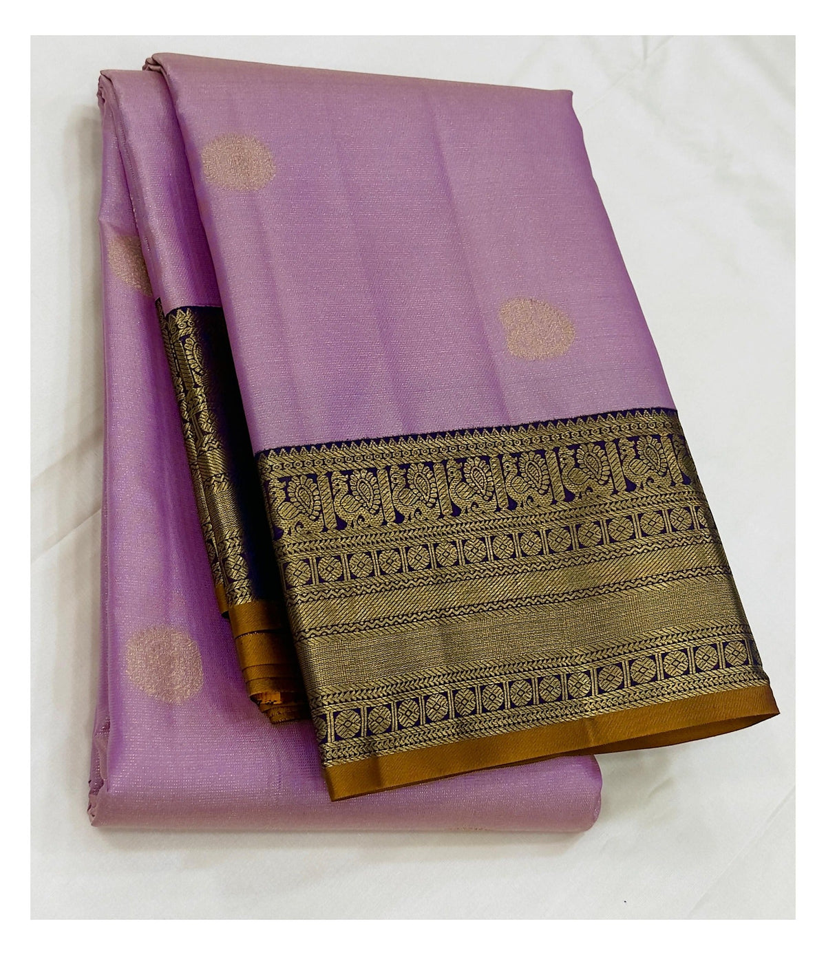 Lavender Handwoven Kanchipuram Silk Saree with Gold Buttas front view