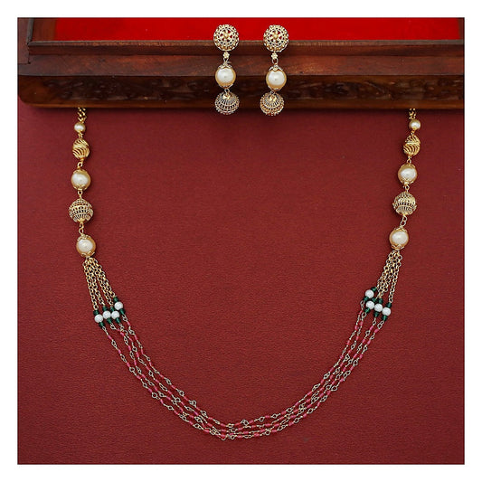 Layered Pearl Necklace Set - Gold Finish with Drop Earrings front view