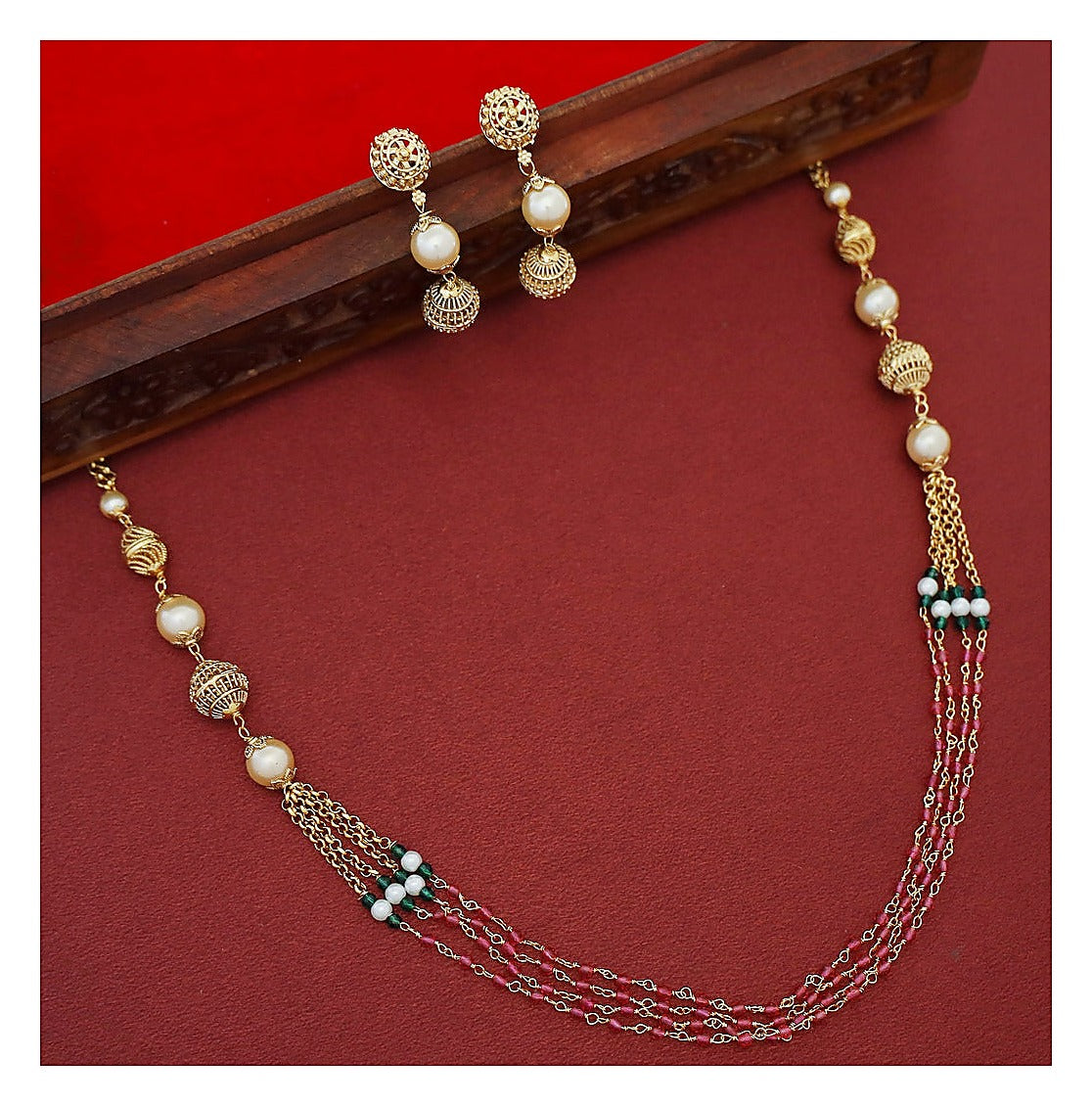 Layered Pearl Necklace Set - Gold Finish with Drop Earrings