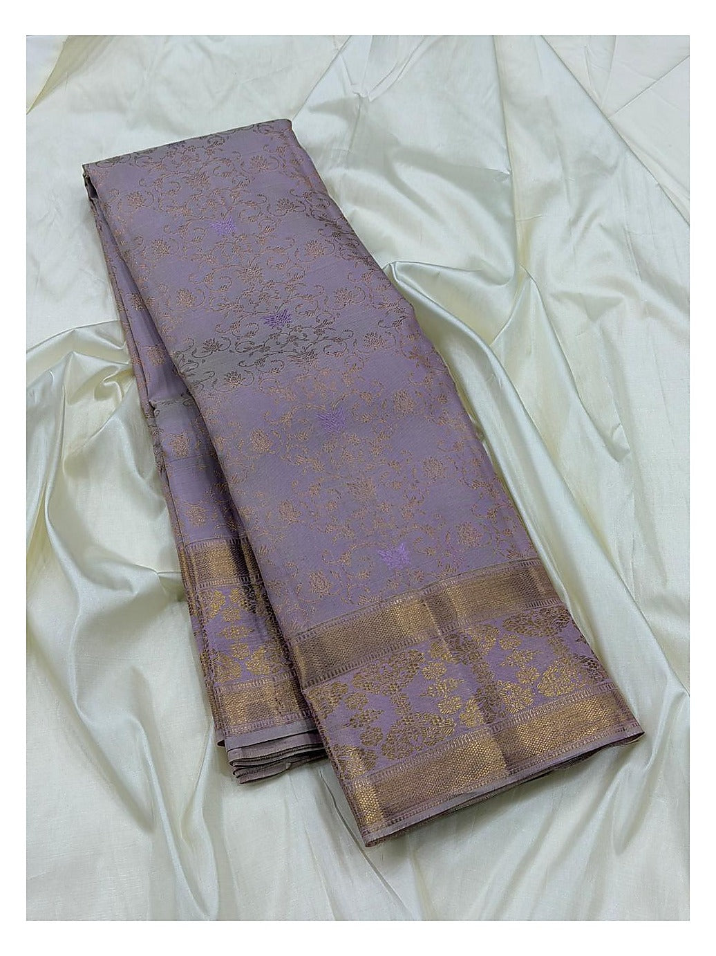 Light Lavender Handwoven Kanchipuram Silk Saree with Gold Floral Vine Weave and Broad Zari Border