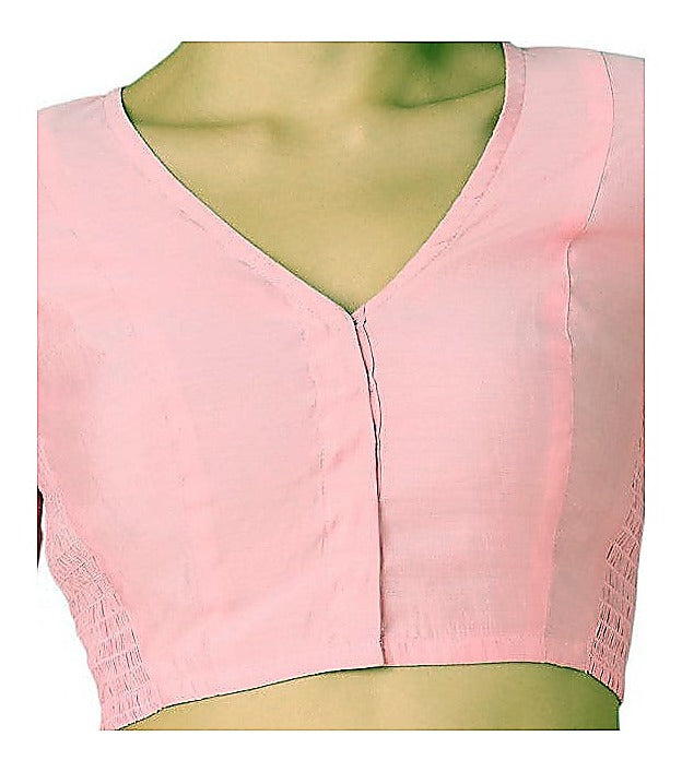 Light Pink Cotton Silk Smocked Readymade Blouse - V Neck with Elbow Sleeves detail view