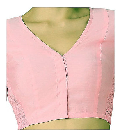 Light Pink Cotton Silk Smocked Readymade Blouse - V Neck with Elbow Sleeves detail view