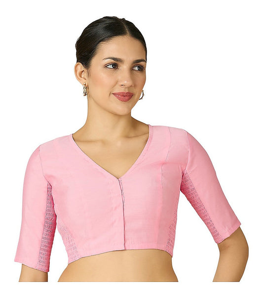 Light Pink Cotton Silk Smocked Readymade Blouse - V Neck with Elbow Sleeves front view
