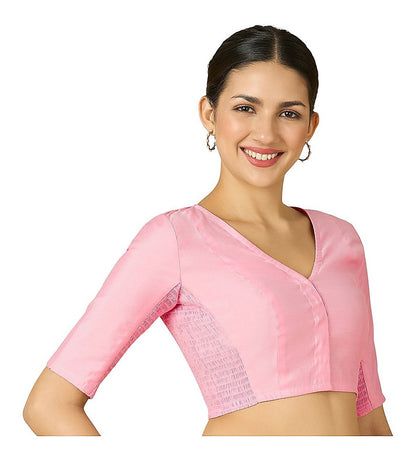 Light Pink Cotton Silk Smocked Readymade Blouse - V Neck with Elbow Sleeves
