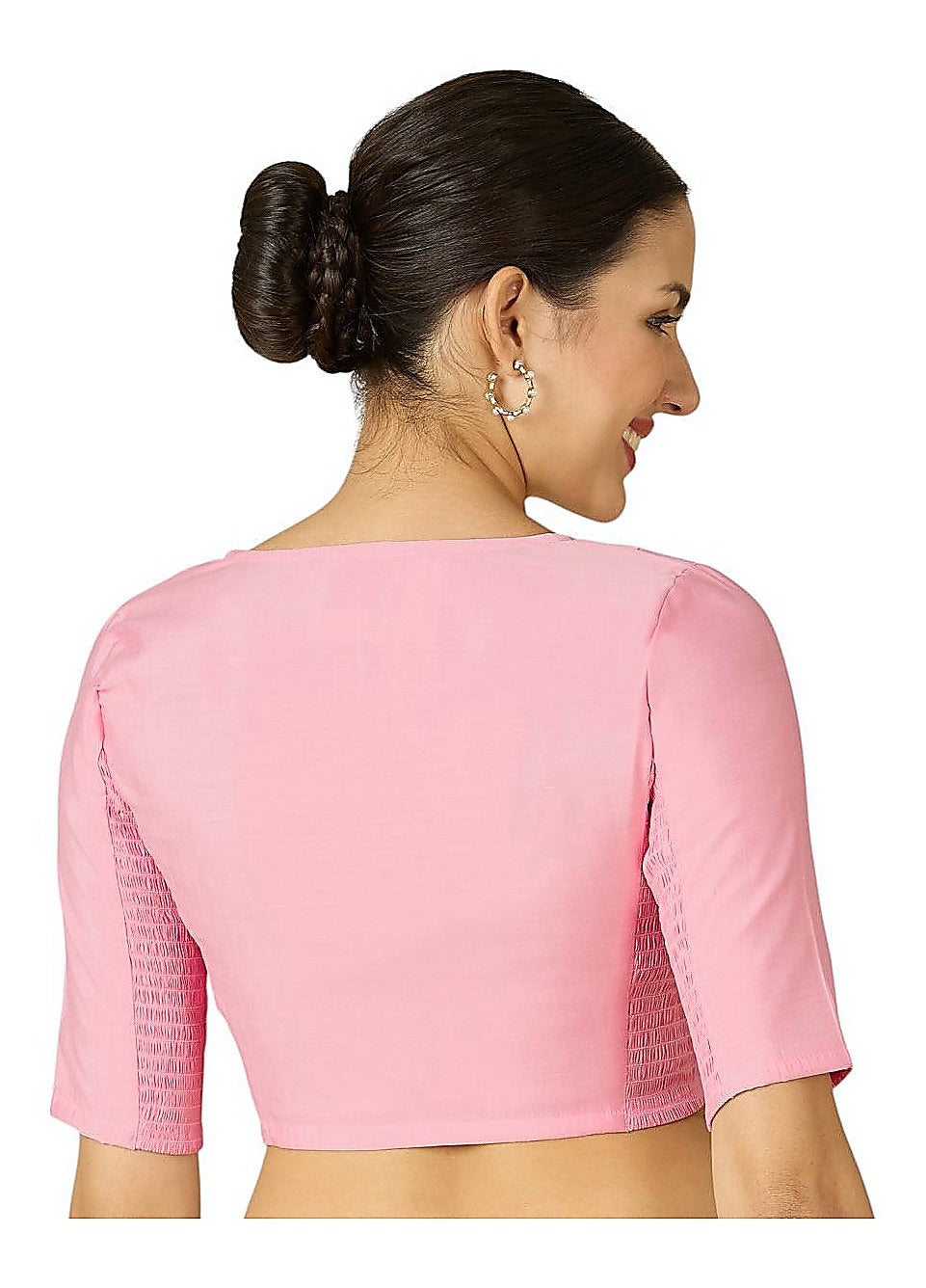 Light Pink Cotton Silk Smocked Readymade Blouse - V Neck with Elbow Sleeves