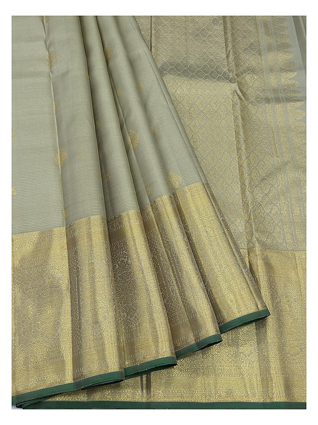 Light Sage Handwoven Kanchipuram Silk Saree with Gold Butta Motifs and Teal Edge front view
