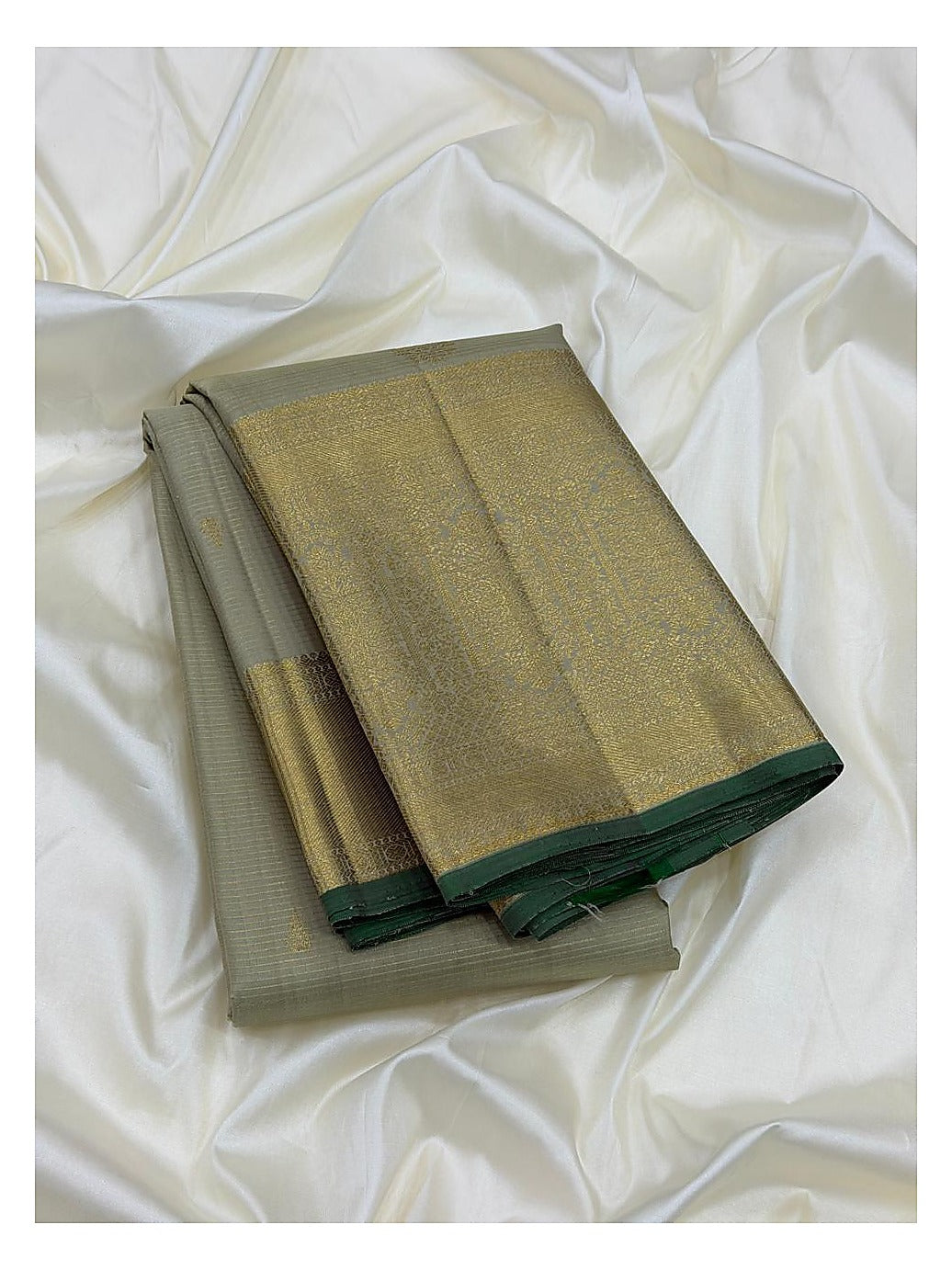 Light Sage Handwoven Kanchipuram Silk Saree with Gold Butta Motifs and Teal Edge
