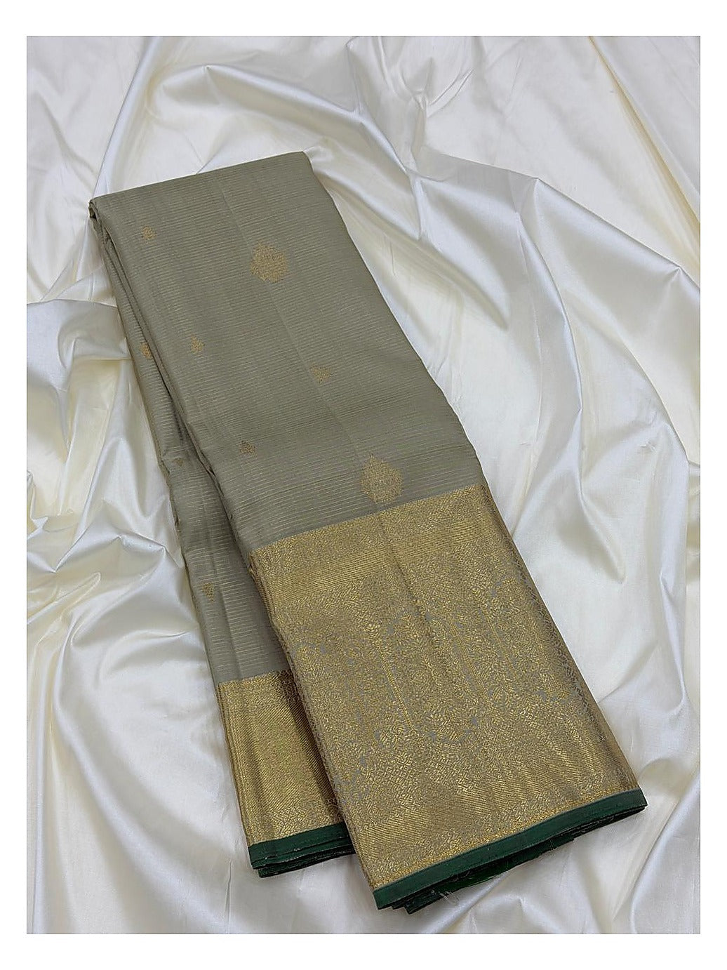 Light Sage Handwoven Kanchipuram Silk Saree with Gold Butta Motifs and Teal Edge