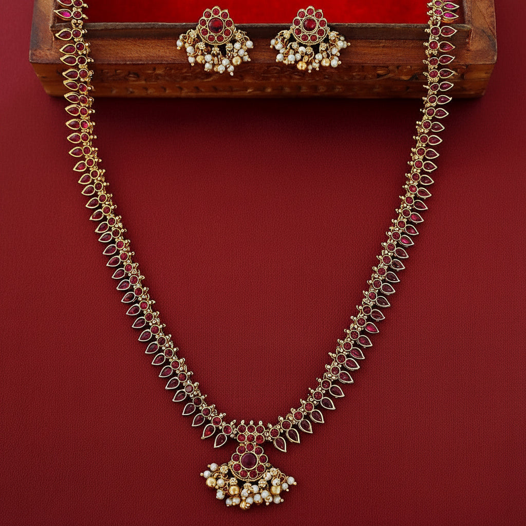 Long Necklace Set - Red Stone Floral Pendant with Matching Earrings front view
