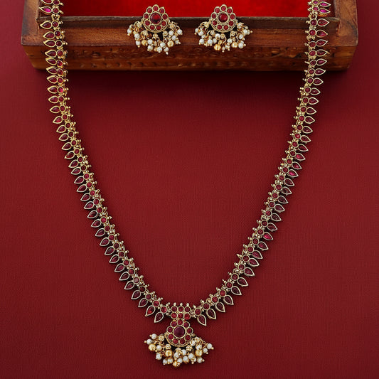 Long Necklace Set - Red Stone Floral Pendant with Matching Earrings front view