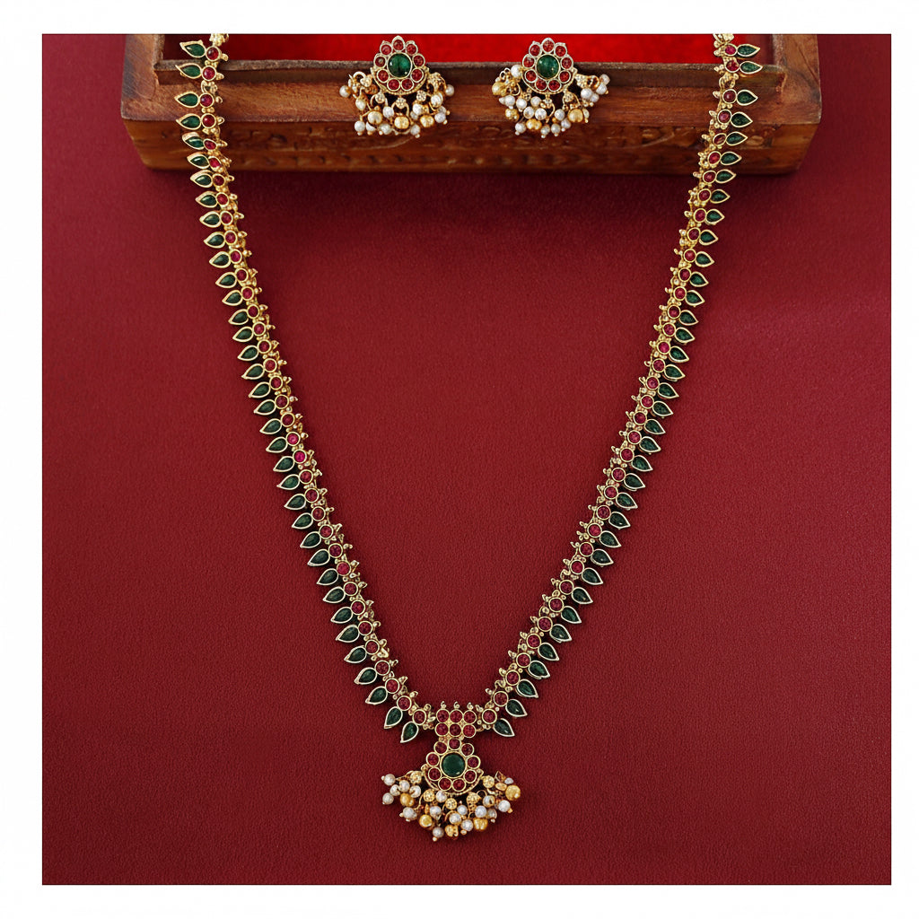 Long Necklace Set - Tourmaline and Green Floral Pendant with Matching Earrings front view
