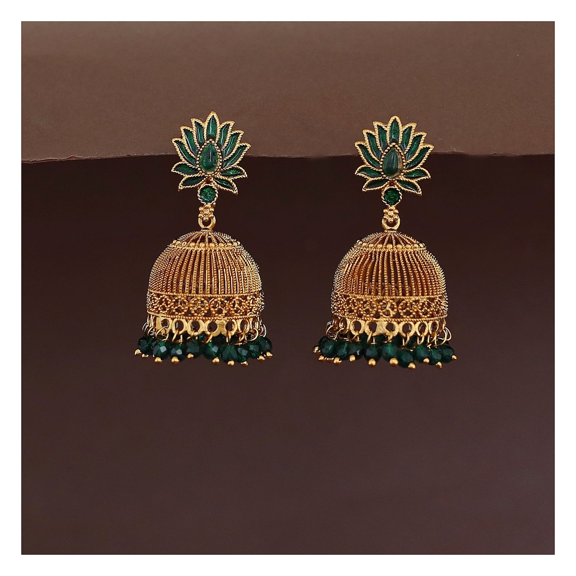 Lotus Beaded Jhumka Earrings - Green Stone with Bead Fringe front view