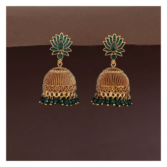 Lotus Beaded Jhumka Earrings - Green Stone with Bead Fringe front view