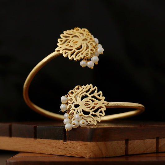 Lotus Pearl Bangle - Gold Finish Open Cuff front view