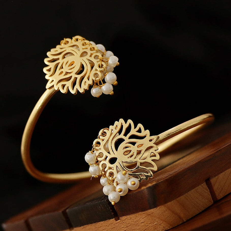 Lotus Pearl Bangle - Gold Finish Open Cuff