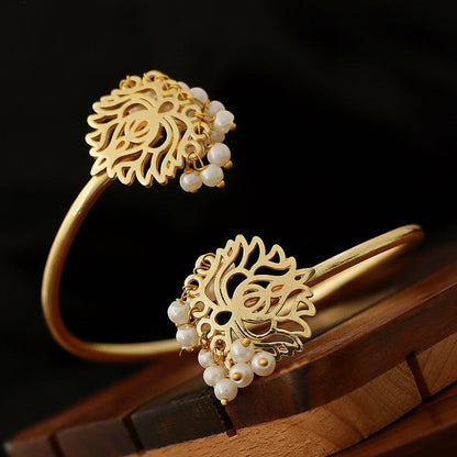 Lotus Pearl Bangle - Gold Finish Open Cuff