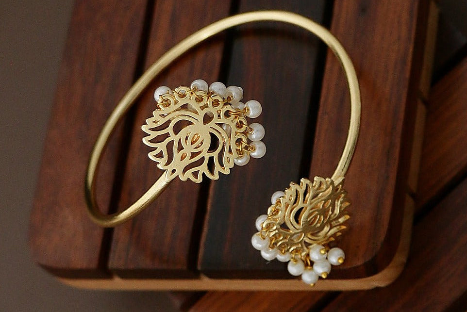 Lotus Pearl Bangle - Gold Finish Open Cuff