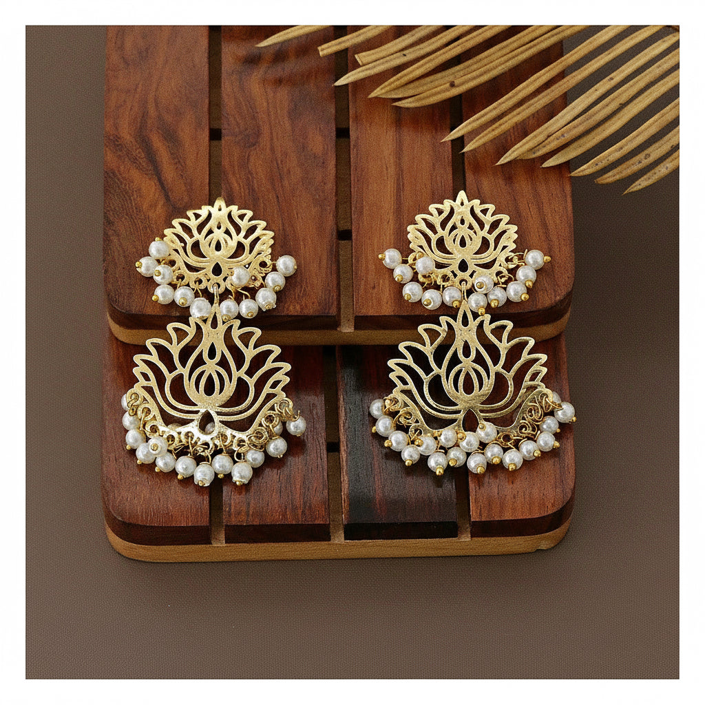Lotus Pearl Drop Earrings - Gold Tone Floral Design front view