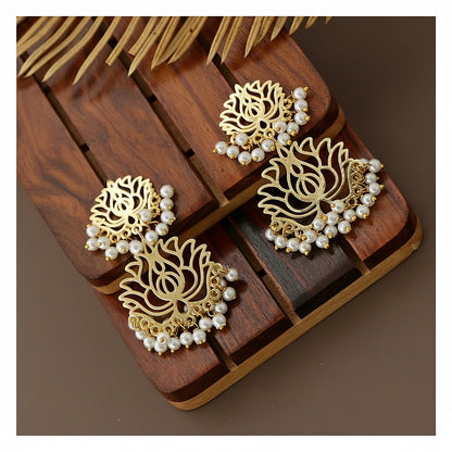 Lotus Pearl Drop Earrings - Gold Tone Floral Design