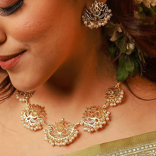 Lotus Pearl Necklace Set - Gold Finish with Matching Earrings front view