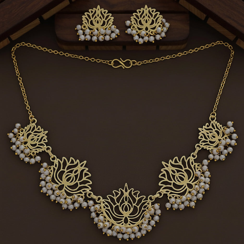 Lotus Pearl Necklace Set - Gold Finish with Matching Earrings