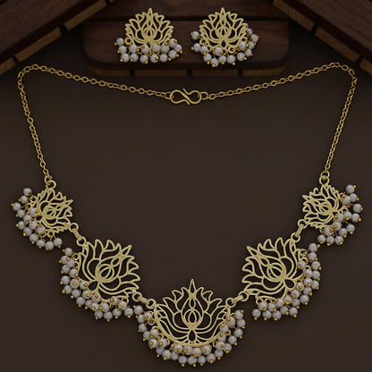 Lotus Pearl Necklace Set - Gold Finish with Matching Earrings