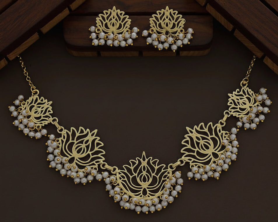 Lotus Pearl Necklace Set - Gold Finish with Matching Earrings