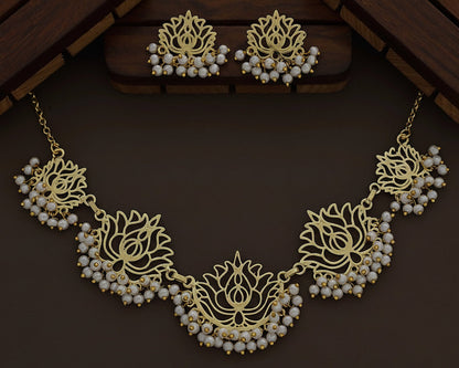 Lotus Pearl Necklace Set - Gold Finish with Matching Earrings