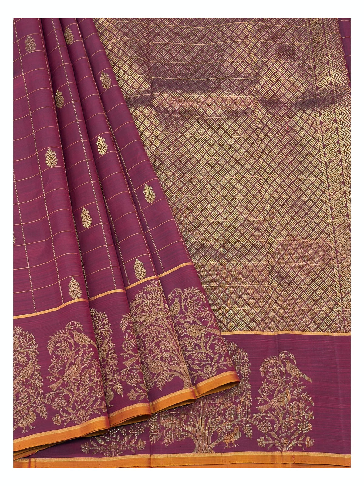 Magenta handwoven Kanchipuram silk saree with bird motif border and gold check pallu