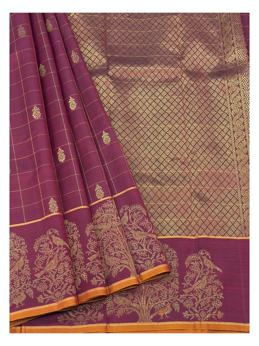 Magenta handwoven Kanchipuram silk saree with bird motif border and gold check pallu