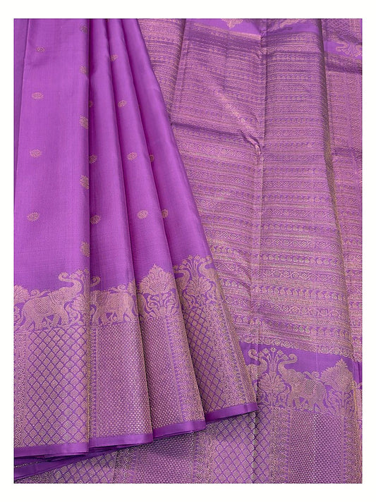 Magenta Handwoven Kanchipuram Silk Saree with Gold Butta Motifs and Broad Elephant Zari Border front view