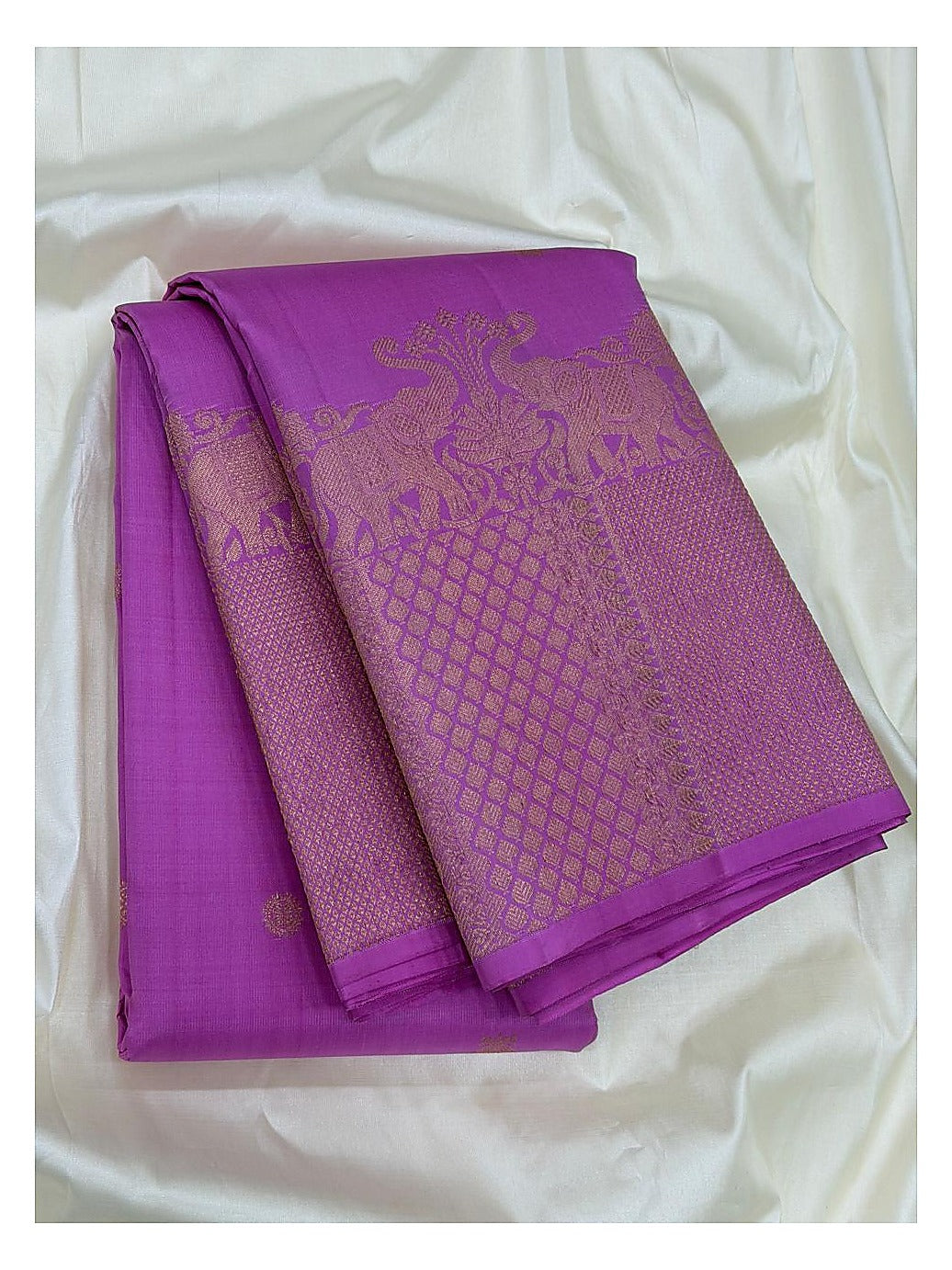 Magenta Handwoven Kanchipuram Silk Saree with Gold Butta Motifs and Broad Elephant Zari Border