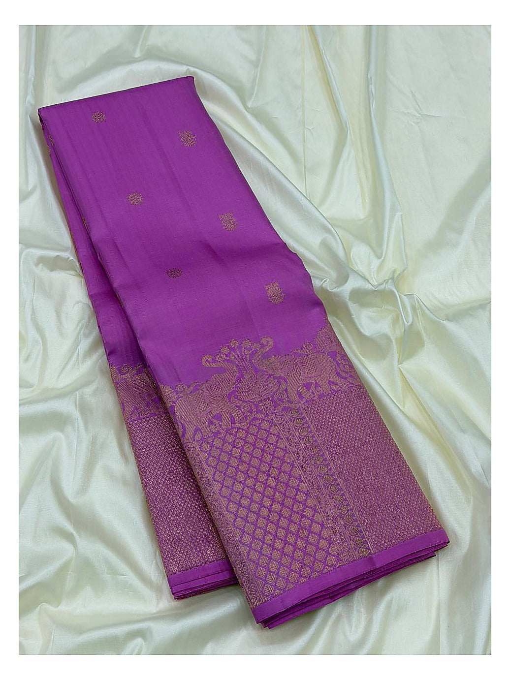Magenta Handwoven Kanchipuram Silk Saree with Gold Butta Motifs and Broad Elephant Zari Border