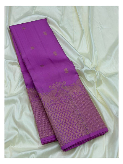 Magenta Handwoven Kanchipuram Silk Saree with Gold Butta Motifs and Broad Elephant Zari Border