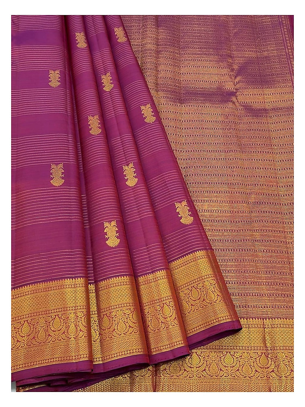 Magenta Handwoven Kanchipuram Silk Saree with Gold Butta Motifs and Broad Paisley Zari Border front view