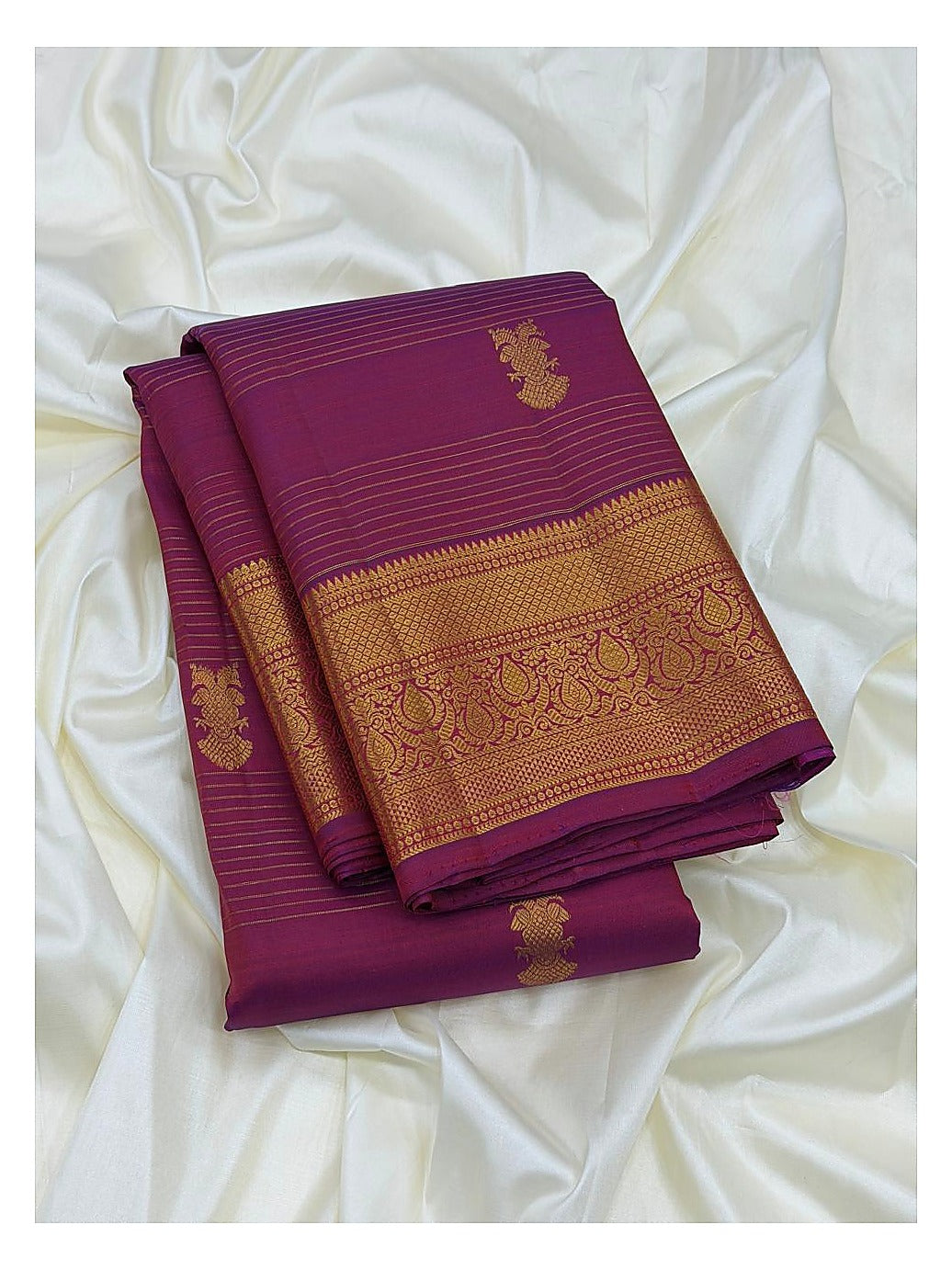 Magenta Handwoven Kanchipuram Silk Saree with Gold Butta Motifs and Broad Paisley Zari Border
