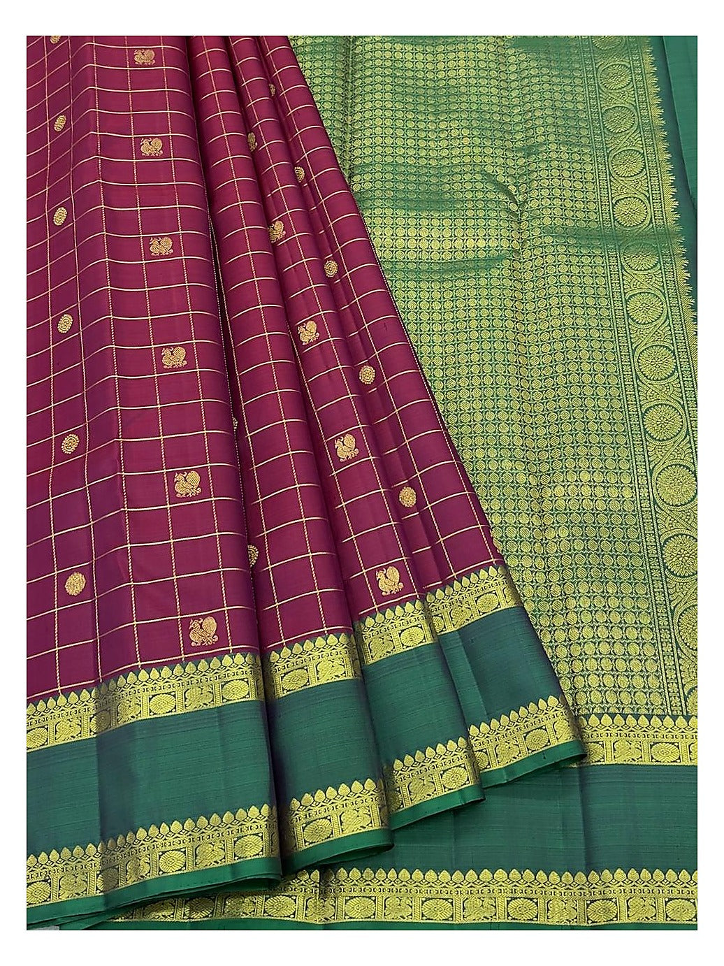 Magenta Handwoven Kanchipuram Silk Saree with Gold Checks and Green Contrast Pallu front view