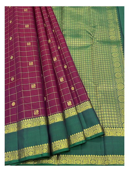 Magenta Handwoven Kanchipuram Silk Saree with Gold Checks and Green Contrast Pallu front view