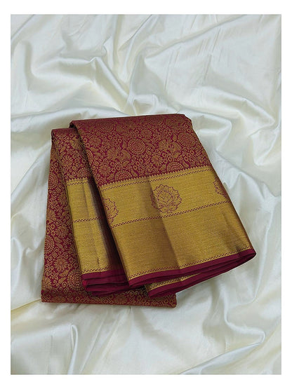 Magenta Handwoven Pure Silk Saree with Gold Floral Weave and Broad Border front view