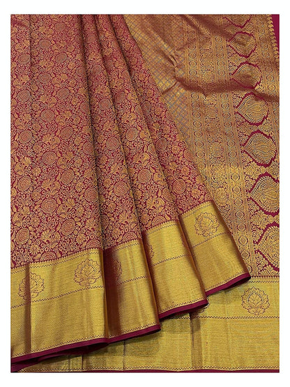 Magenta Handwoven Pure Silk Saree with Gold Floral Weave and Broad Border