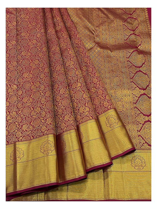 Magenta Handwoven Pure Silk Saree with Gold Floral Weave and Broad Border