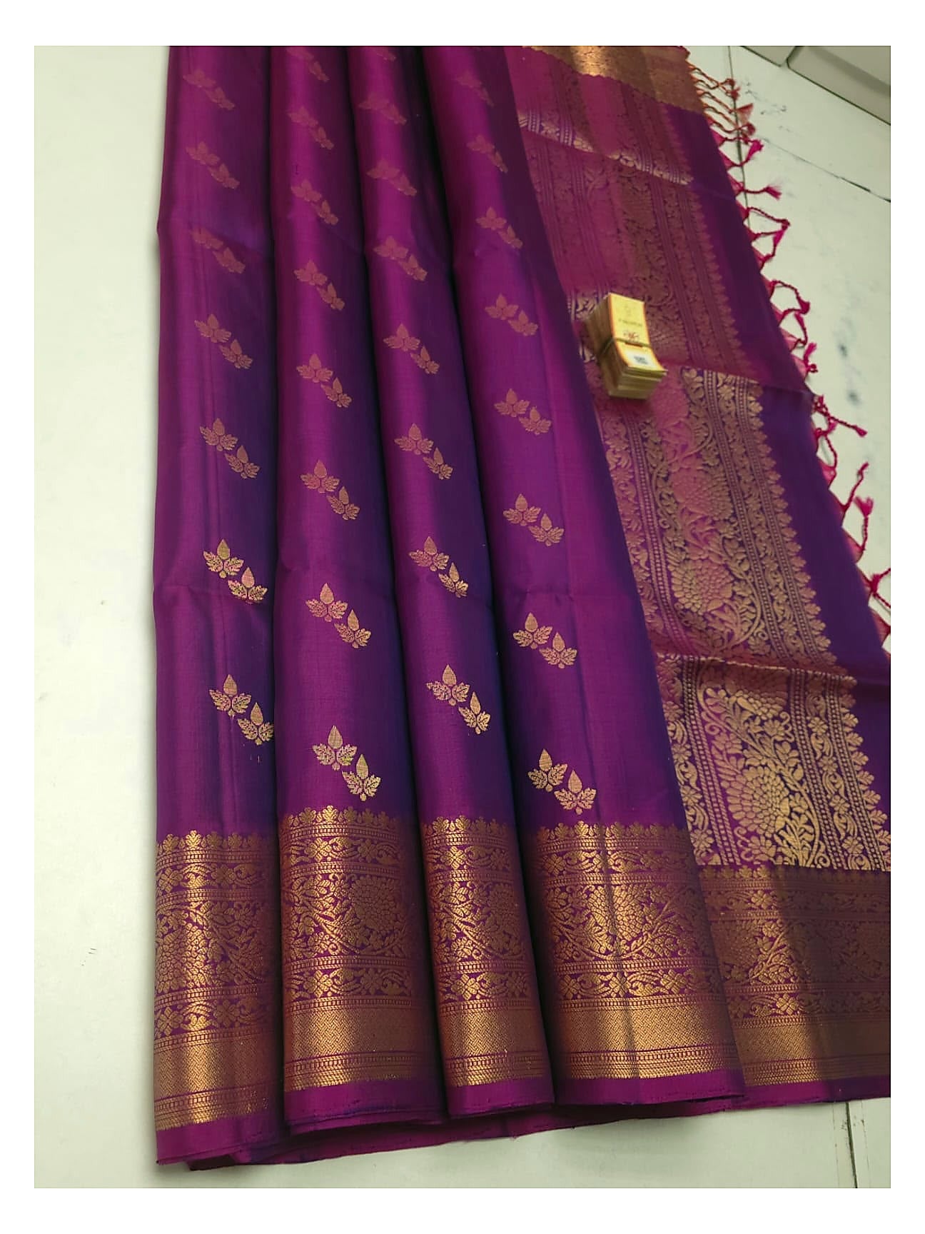 Magenta purple handloom pure soft silk saree with gold woven buttas and rich traditional border