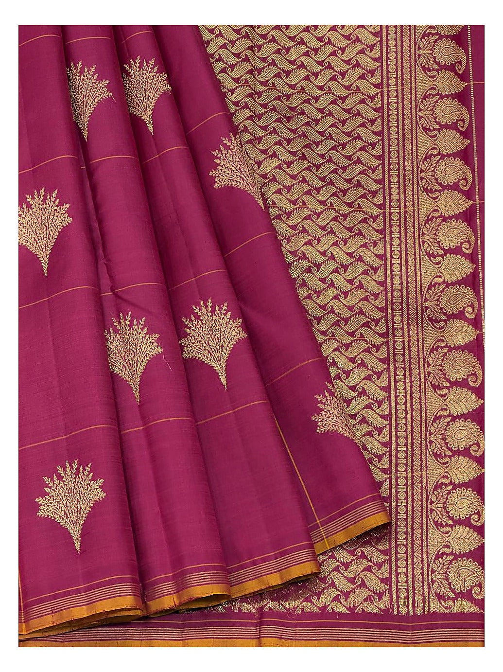 Magenta-Rose Handwoven Kanchipuram Silk Saree with Gold Check Weave and Peacock Border front view