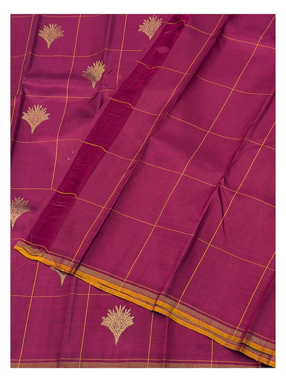 Magenta-Rose Handwoven Kanchipuram Silk Saree with Gold Check Weave and Peacock Border