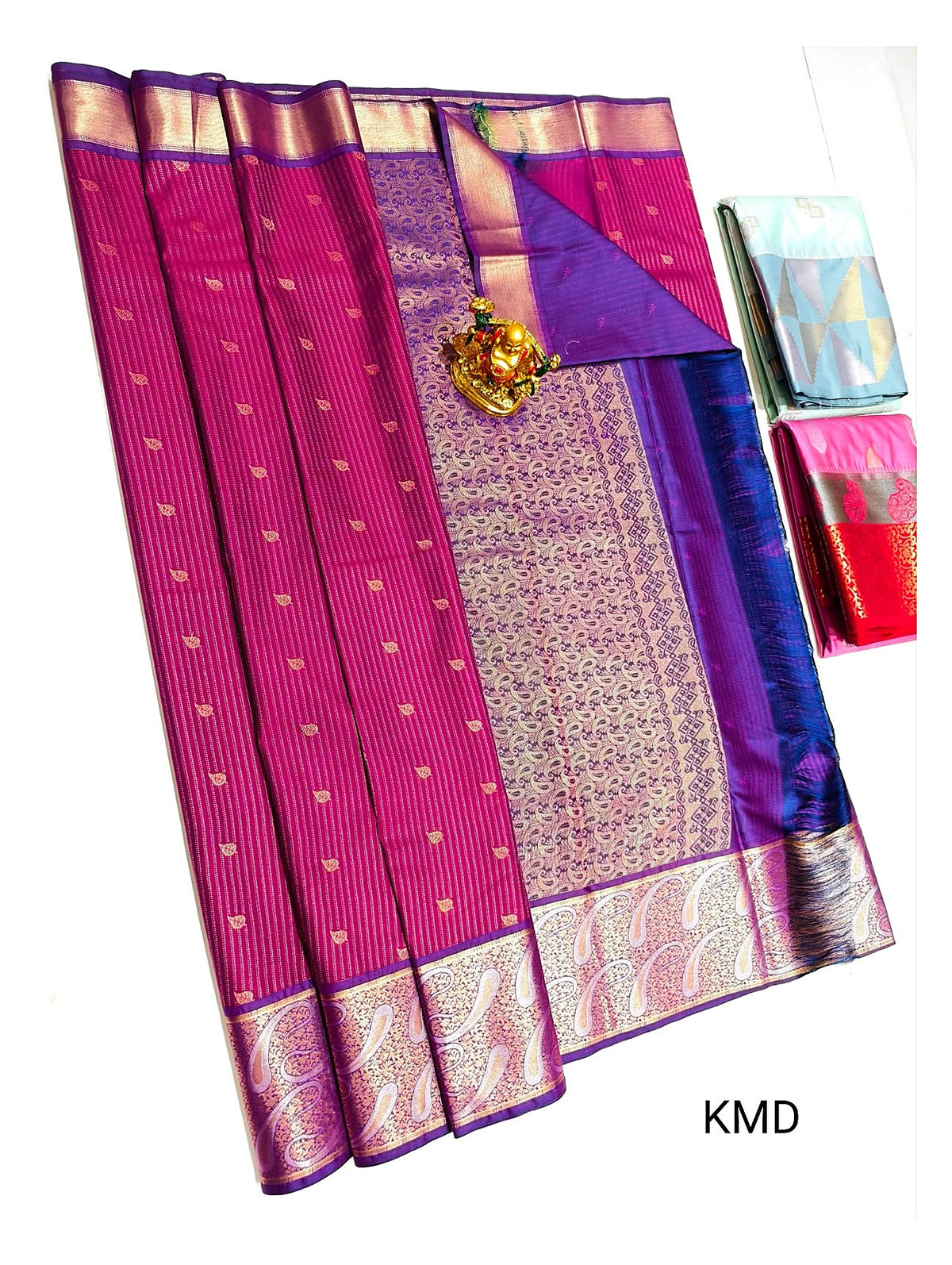 Magenta Semi Silk Saree with Purple Contrast Pallu and Broad Paisley Zari Border front view