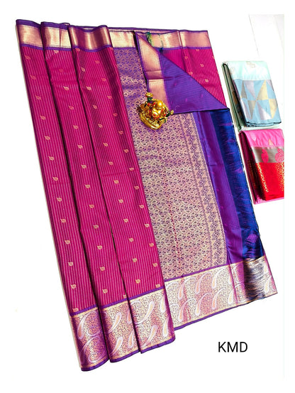 Magenta Semi Silk Saree with Purple Contrast Pallu and Broad Paisley Zari Border front view