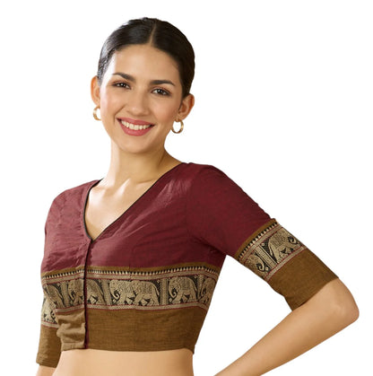 Women’s Maroon Cotton Saree Blouse with Elephant Temple Border | Readymade V-Neck Blouse