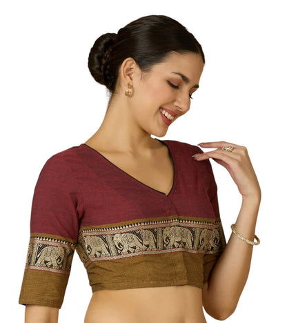 Women’s Maroon Cotton Saree Blouse with Elephant Temple Border | Readymade V-Neck Blouse