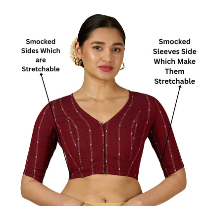 Women’s Maroon Cotton Side Stretchable Saree Blouse | Smocked Sleeve Readymade Blouse