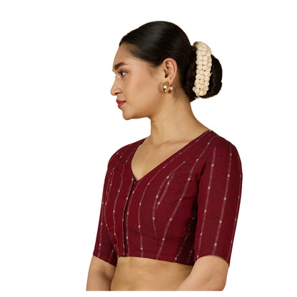 Women’s Maroon Cotton Side Stretchable Saree Blouse | Smocked Sleeve Readymade Blouse